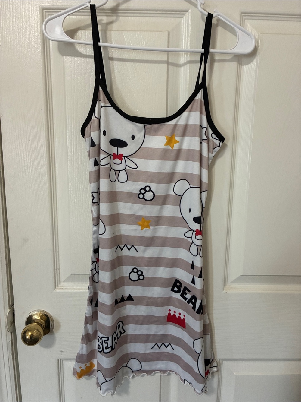 Women's Bear-Print Striped Chemise Slip - Beige & White